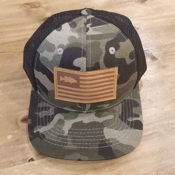 Fish Flag Patch Hat Cap Snap Back Mesh Adjustable Trucker Camouflage Camo Bass - Picture 2 of 10
